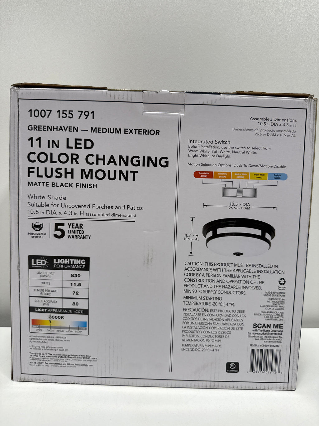 Hampton Bay 11 in. Round Black Exterior Outdoor Motion Sensing LED Ceiling Light 5 Color Temperature