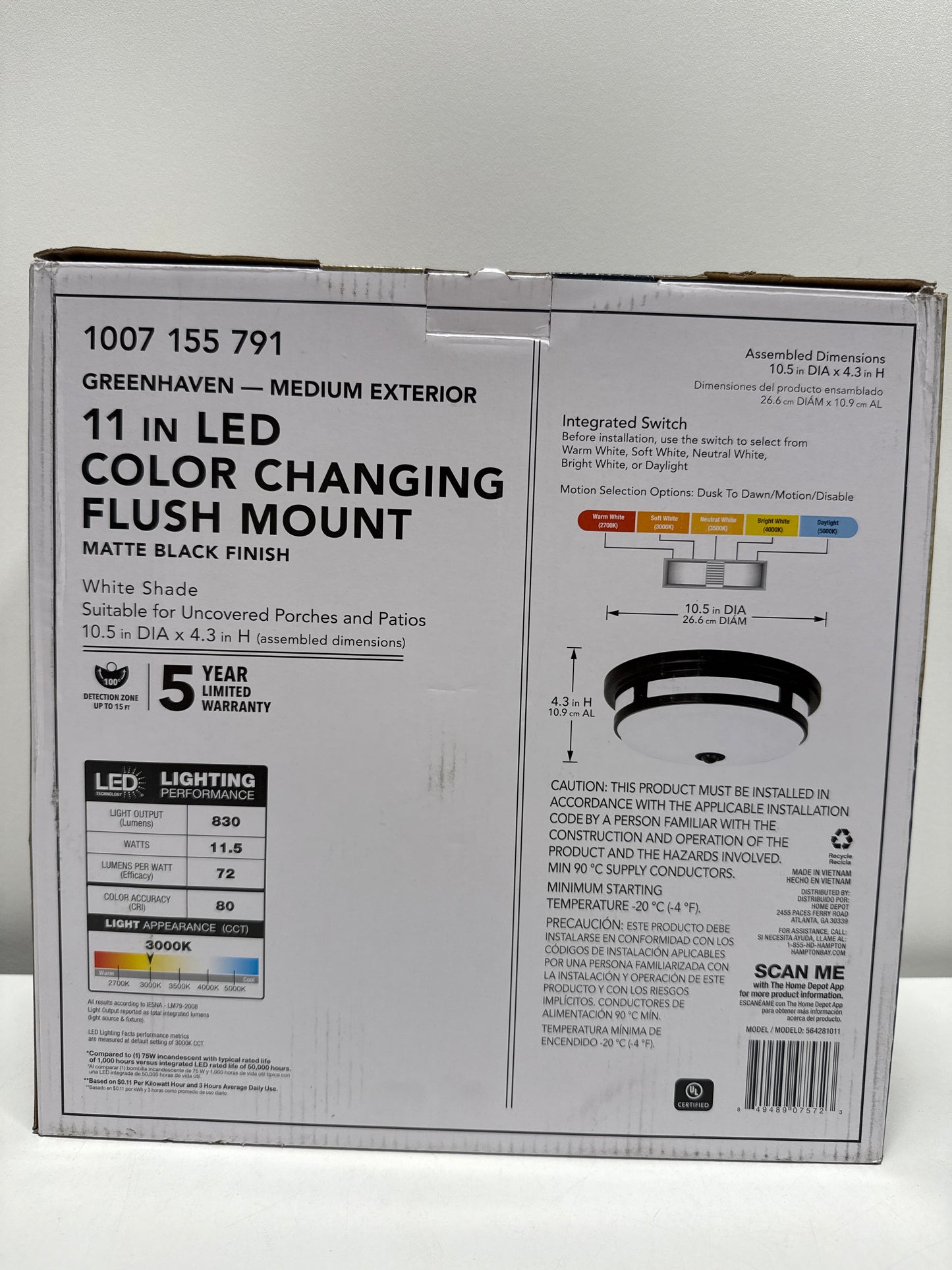 Hampton Bay 11 in. Round Black Exterior Outdoor Motion Sensing LED Ceiling Light 5 Color Temperature