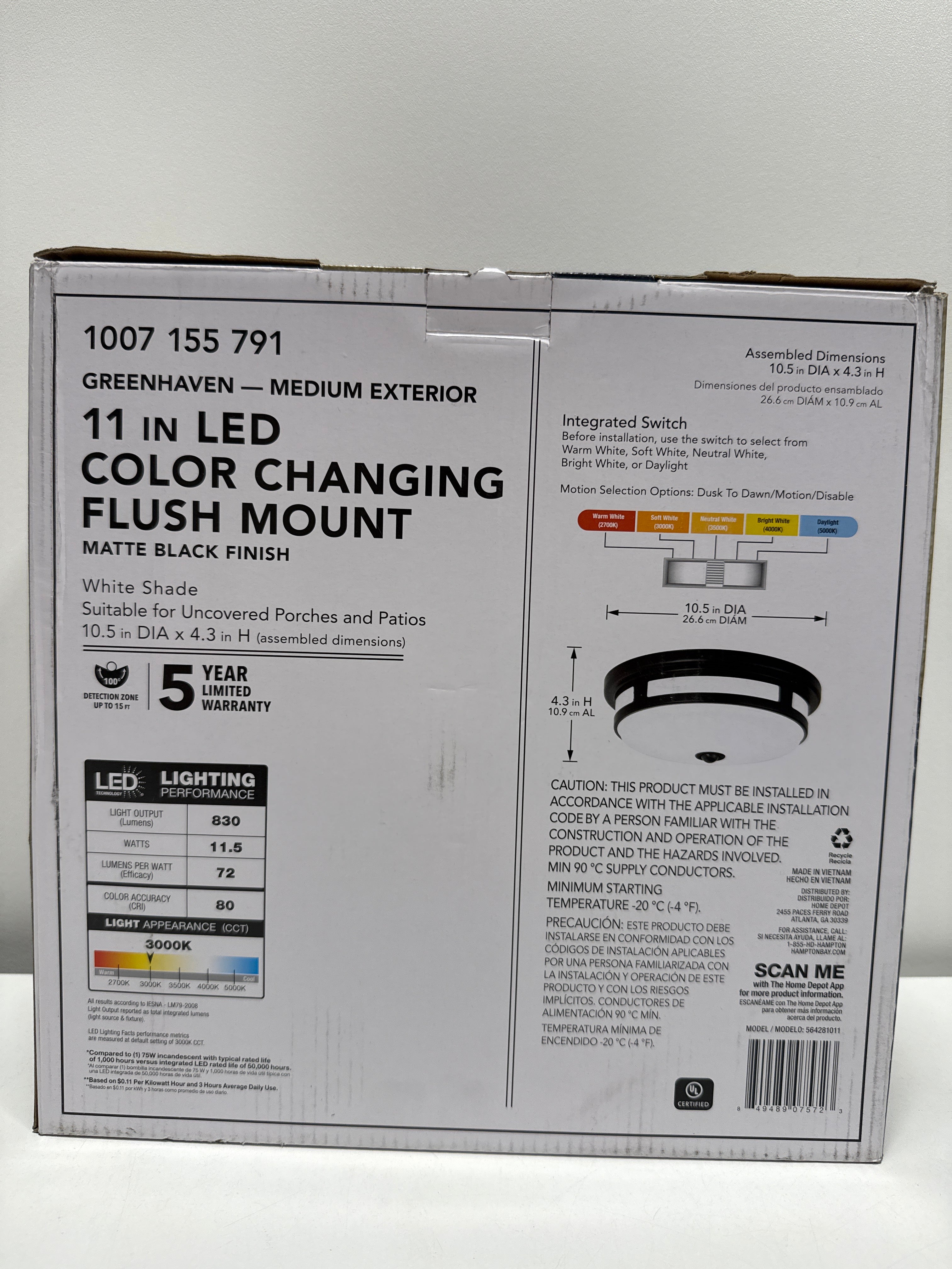 Hampton Bay 11 in. Round Black Exterior Outdoor Motion Sensing LED Ceiling Light 5 Color Temperature