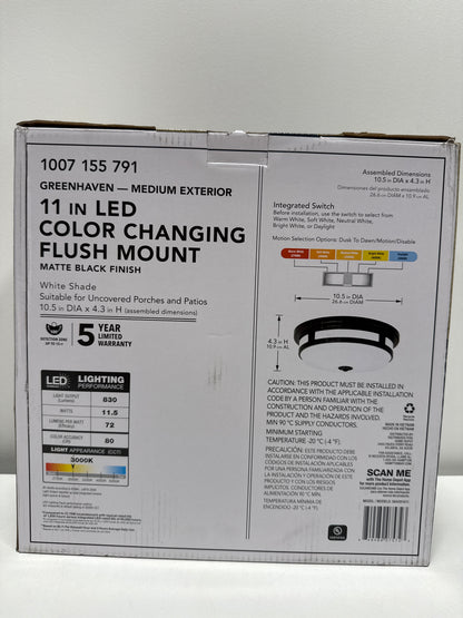 Hampton Bay 11 in. Round Black Exterior Outdoor Motion Sensing LED Ceiling Light 5 Color Temperature