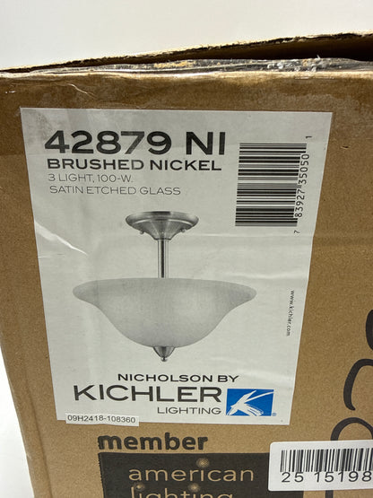 Nicholson 16 in. 3-Light Brushed Nickel Hallway Transitional Semi-Flush Mount Ceiling Light with Satin Etched Glass