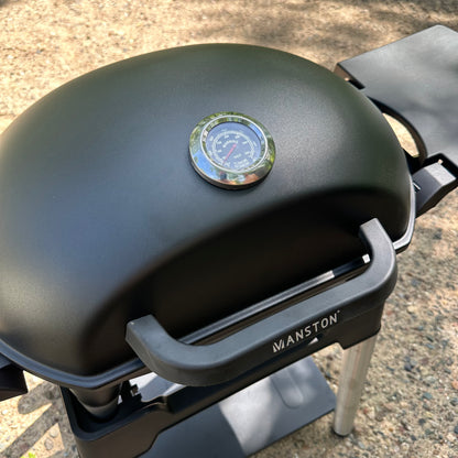 Manston Portable Stand-up Propane Grill, Gas Grill, Cart Style, Black, 10000BTU Portable and Convenient Camping Grill for Party, Patio, Garden, Backyard, Balcony, Built-In Thermometer