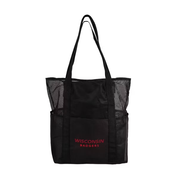 NCAA Wisconsin Badgers Black Mesh Tote: Polyester Sports Shoulder Bag