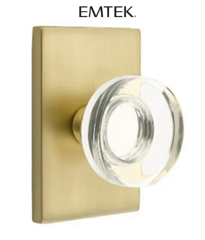 Emtek Modern Disc Privacy Door Knob Set with Modern Rectangular Rose from the Brass Modern Crystal Collection