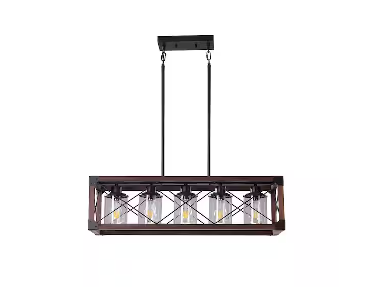 HKMGT Retro 5-Light Mahogany&Black Rectangular Chandelier with Glass Shade for Kitchen Island with No Bulbs Included
