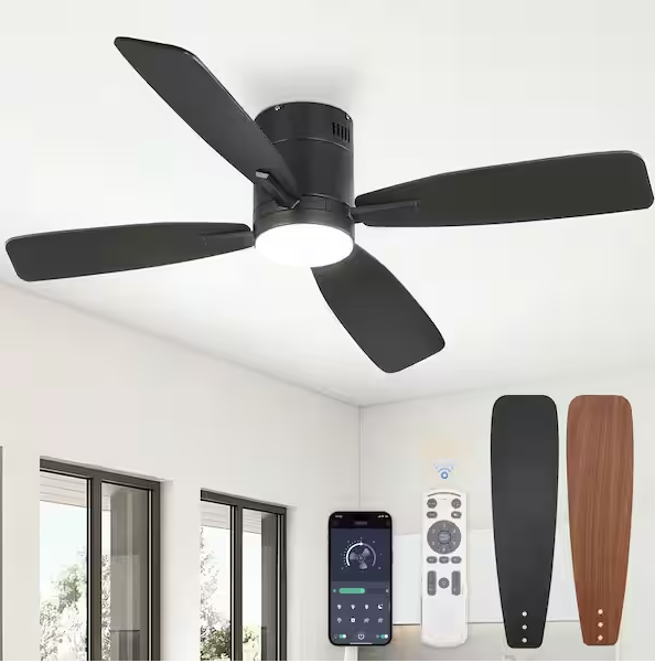 HINNIXY 52 in. LED Indoor/Outdoor Flush Mount Matte Black Ceiling Fan with Light Kit and Smart App Control and Remote Control