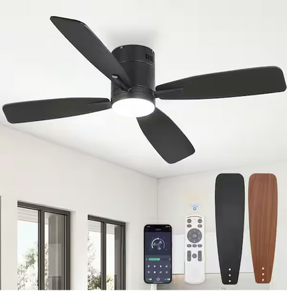 HINNIXY 52 in. LED Indoor/Outdoor Flush Mount Matte Black Ceiling Fan with Light Kit and Smart App Control and Remote Control