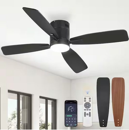 HINNIXY 52 in. LED Indoor/Outdoor Flush Mount Matte Black Ceiling Fan with Light Kit and Smart App Control and Remote Control