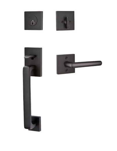 Emtek Baden Left Handed Sectional Single Cylinder Keyed Entry Handleset with Stuttgart Interior Lever Model: 4820STUUS19LH