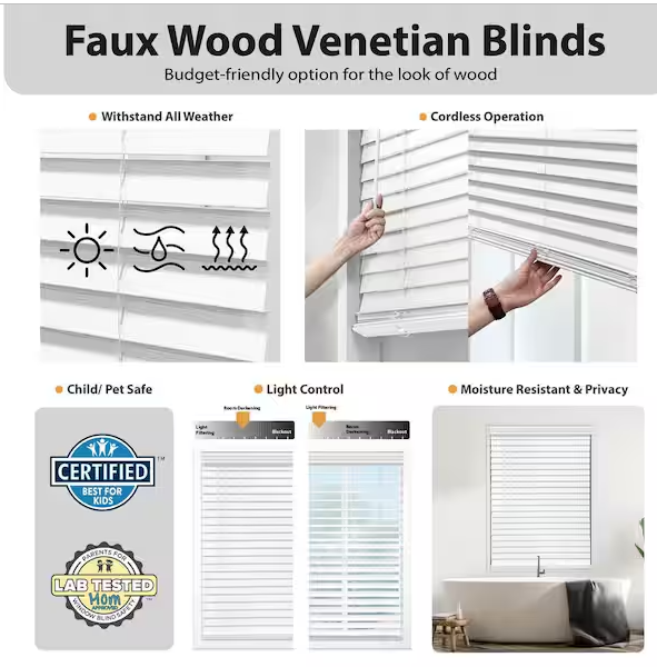 StyleWell Textured White Cordless Room Darkening Faux Wood Blinds with 2 in. Slats - 36 in. W x 72 in. L