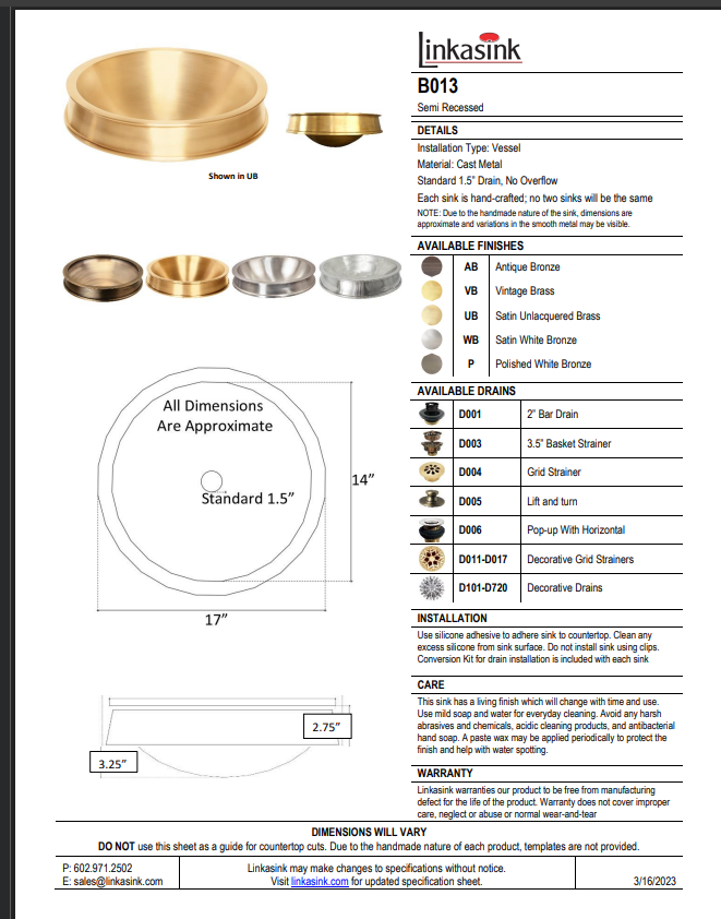 Linkasink 17" Wide Semi Recessed Vessel B013 VB