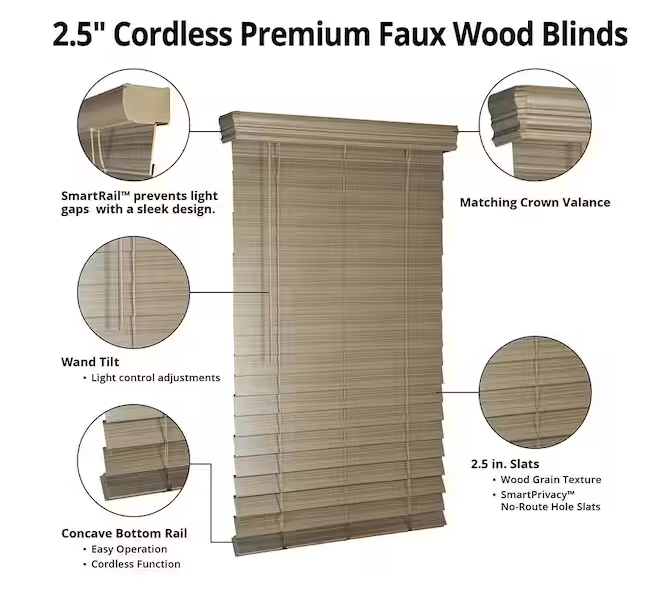 Home Decorators Collection Driftwood Gray Cordless Premium Faux Wood blinds with 2.5 in Slats - 29.5 in W x 48 in L (Actual Size 29 in W x 48 in L)