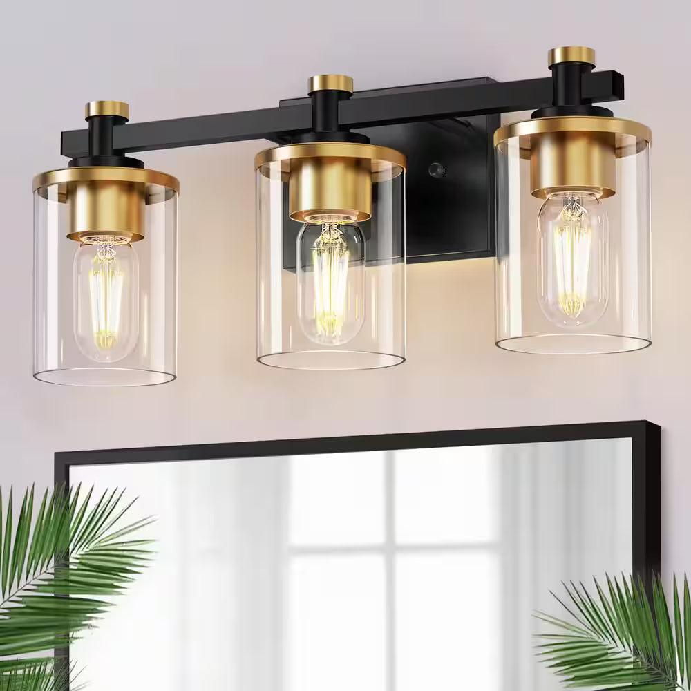 20 in. 3-Light Black and Gold Bathroom Vanity Light with Clear Glass Shades for Mirror and Vanity