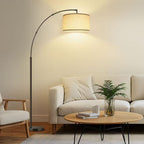 BICIK 81 in. Black Arc 1-Light Dimmable LED Floor Lamp with Large Adjustable Hanging Drum Linen Shade