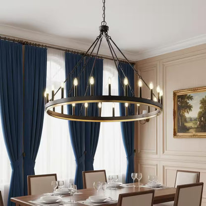 YANSUN 47 in. 24-Light Black Large Farmhouse Wagon Wheel Chandelier, Industrial Pendant