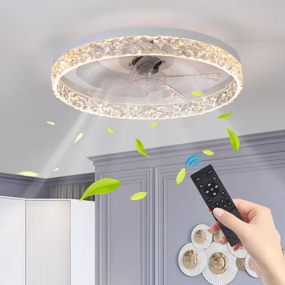 Sunpez 20in. W Integrated LED Ceiling Fan with Light Flush Mount, Dimmable/6 Speeds/Timer/Reversible/Memory (Blade and Crystal)