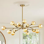 Higginsville 15-Light Farmhouse Brass Sputnik Sphere Linear Pendant Chandelier with Amber Glass Shade