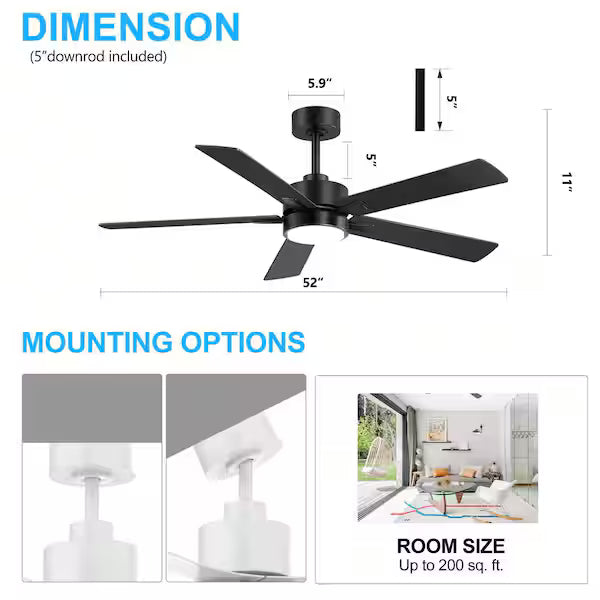 Charlie 52 in. Integrated LED Indoor All-Black Ceiling Fan with Light and Remote Control Included