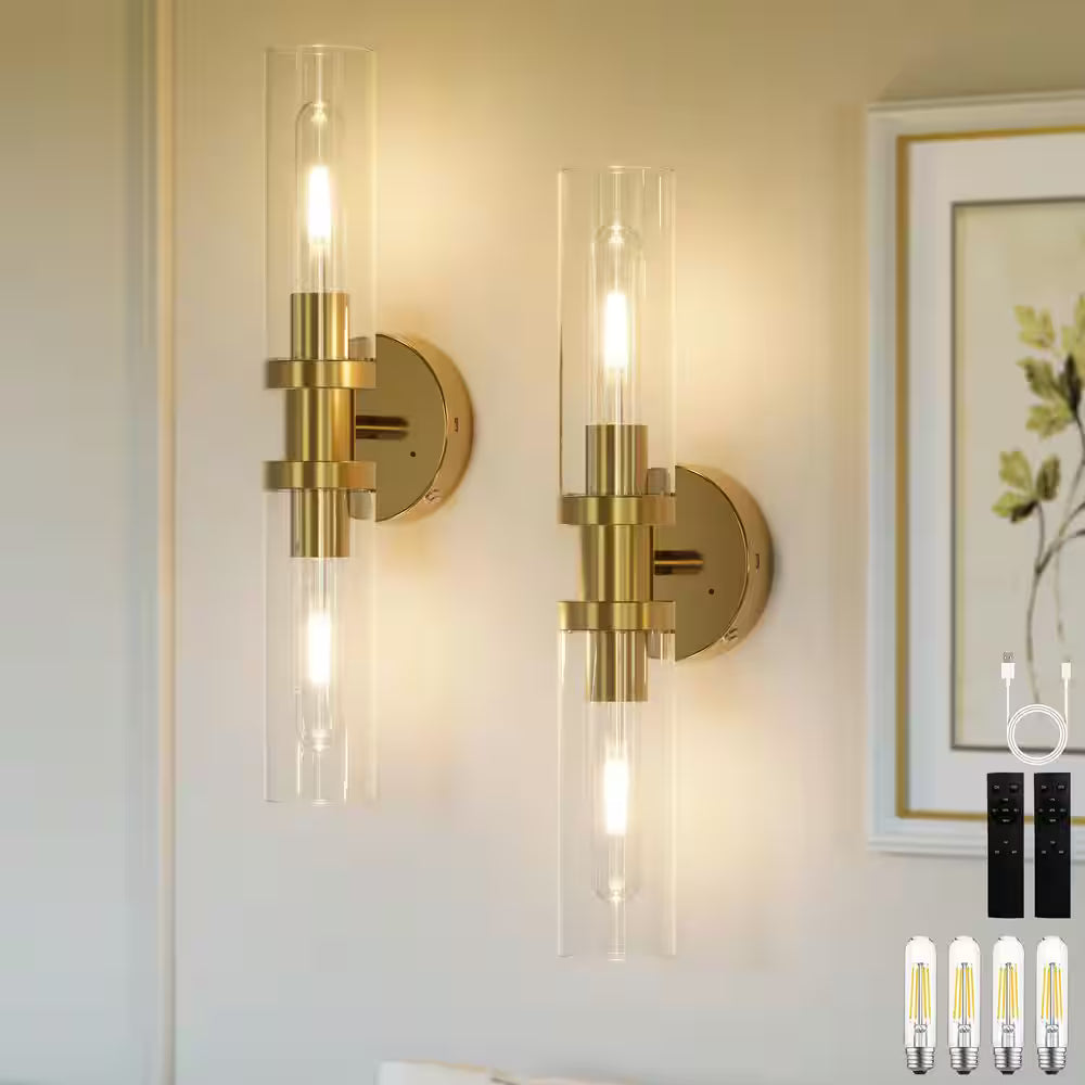 Morauroral 16.5 in. 2-Light Brushed Gold Rechargeable Battery Operated Wall Sconce(Set of 2) Luxury Dimmable LED Bedroom Wall Light