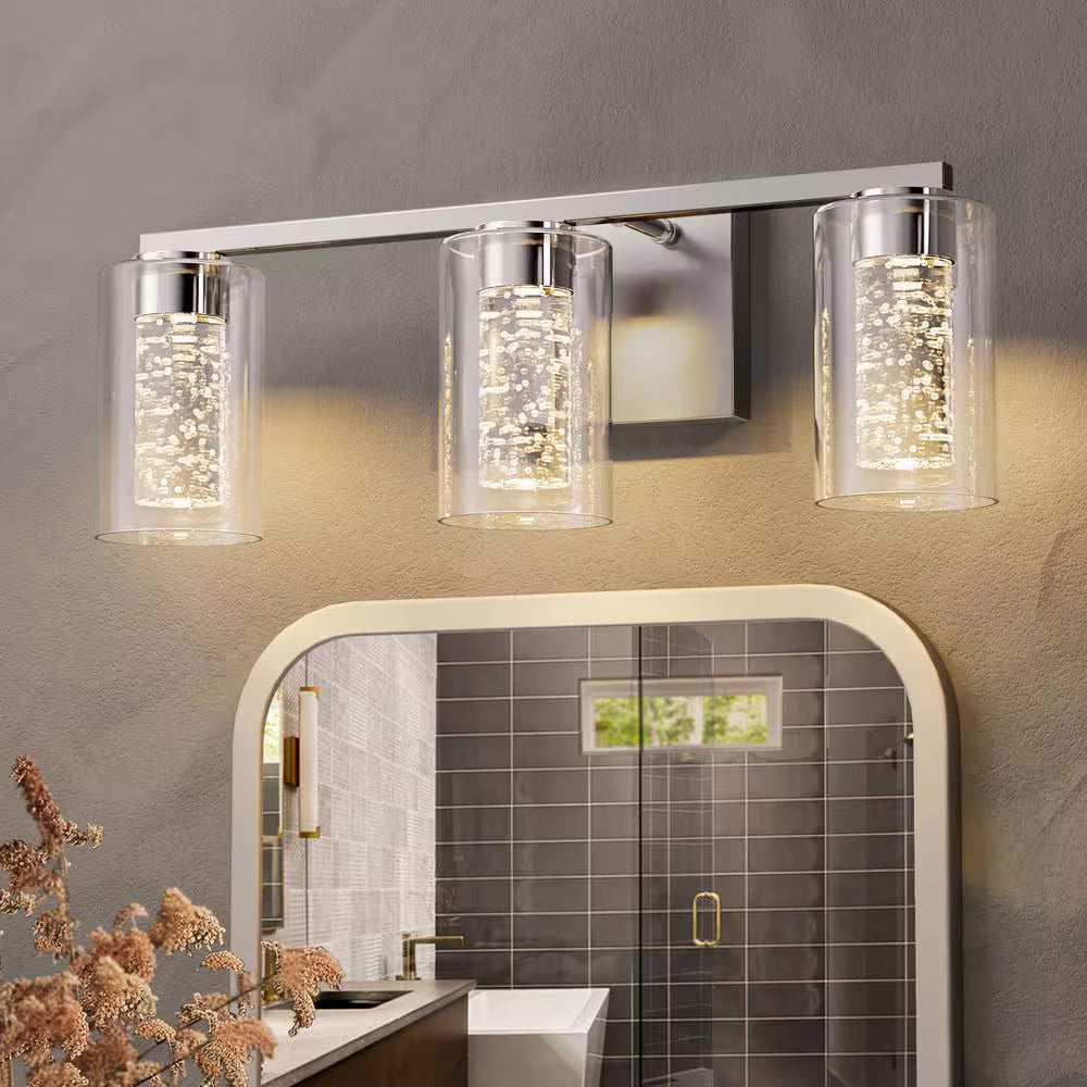3-Light Brushed Nickel Integrated LED Bathroom Vanity Light Dimmable White/Neutral/Warm Light with Clear Glass Shade