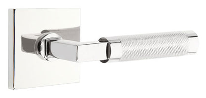 Emtek Knurled L-Square Left Handed Non-Turning Two-Sided Dummy Door Lever Set with Square Rose from the SELECT Brass Collection Model: 5050US14.LSUS14.KNUS14.LH