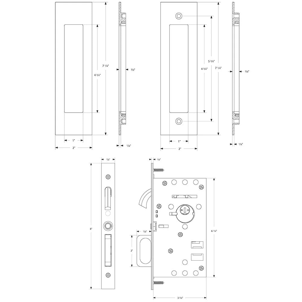 Narrow Modern Rectangular Mortise Passage Pocket Door Hardware in Oil Rubbed Bronze