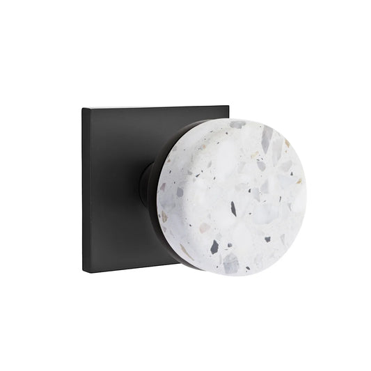 Concealed Privacy Square Rosette in Flat Black and Conical in Flat Black Stem with Knob Handed Light Terrazzo Knob