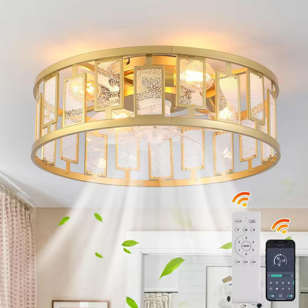 Genoci 20 in. Gold Reversible Caged Crystal Bladeless Modern Flush Mount Ceiling Fan with Light Kit and Remote Included