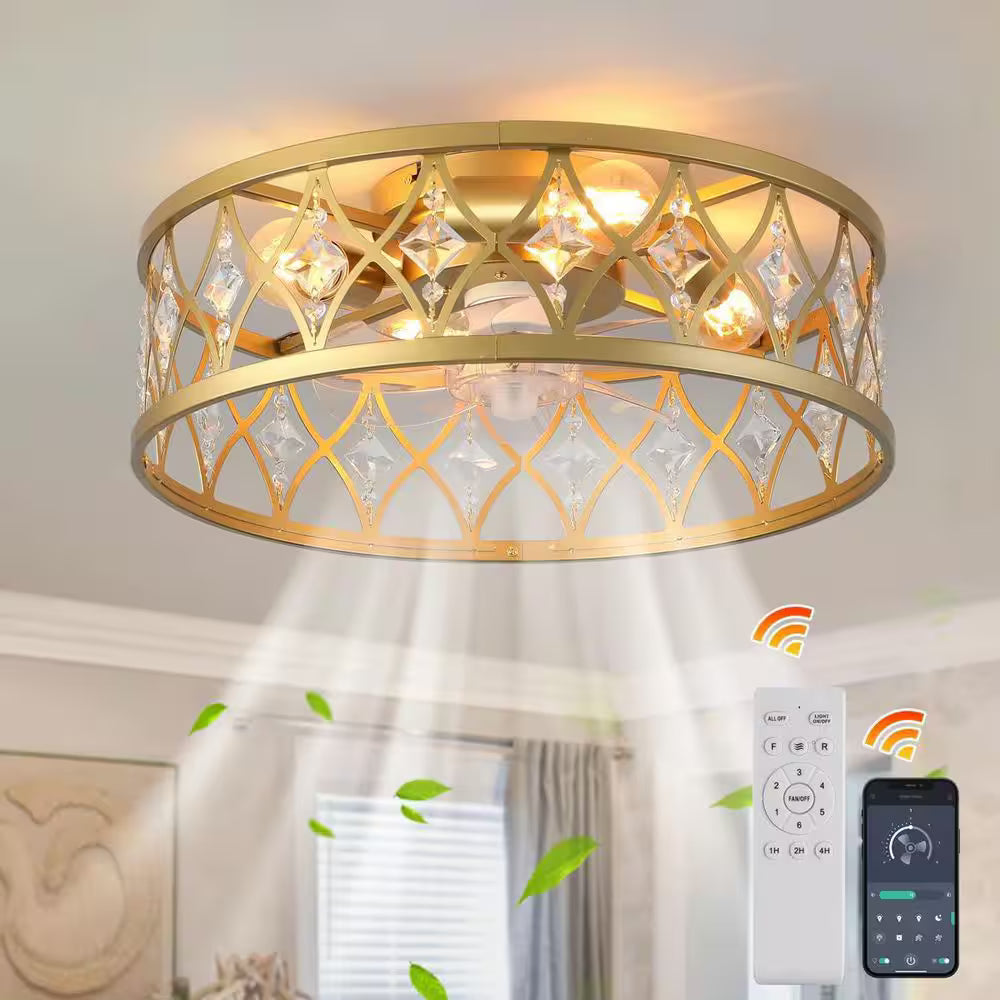 Genoci 20 in. Indoor Gold Caged Modern Bladeless Crystal Flush Mount Ceiling Fan with Light Kit and Remote Included for Bedroom
