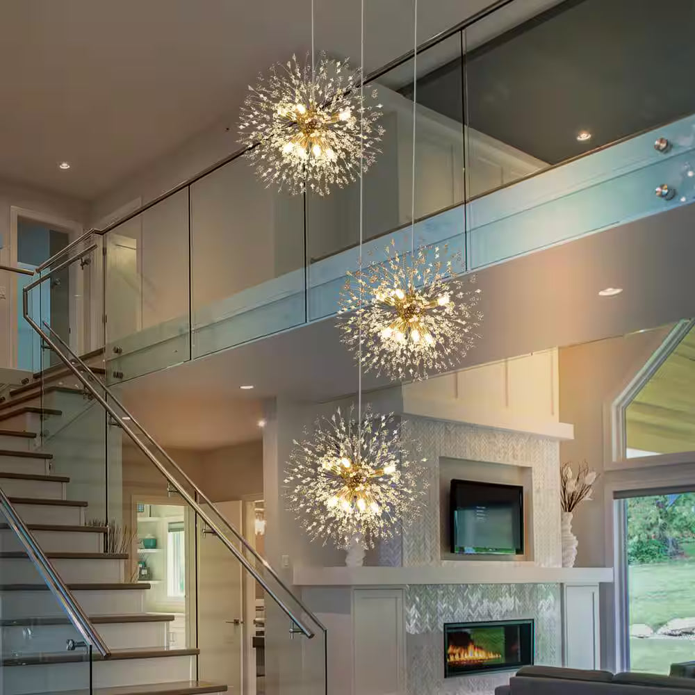 Calzada Decor 24-Light Gold Dandelion Firework Chandelier, 3- Globe Pendant Ceiling Lighting
