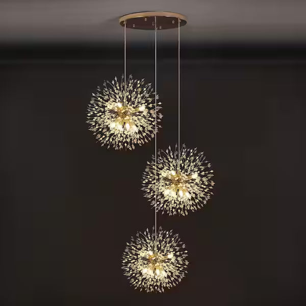 Calzada Decor 24-Light Gold Dandelion Firework Chandelier, 3- Globe Pendant Ceiling Lighting
