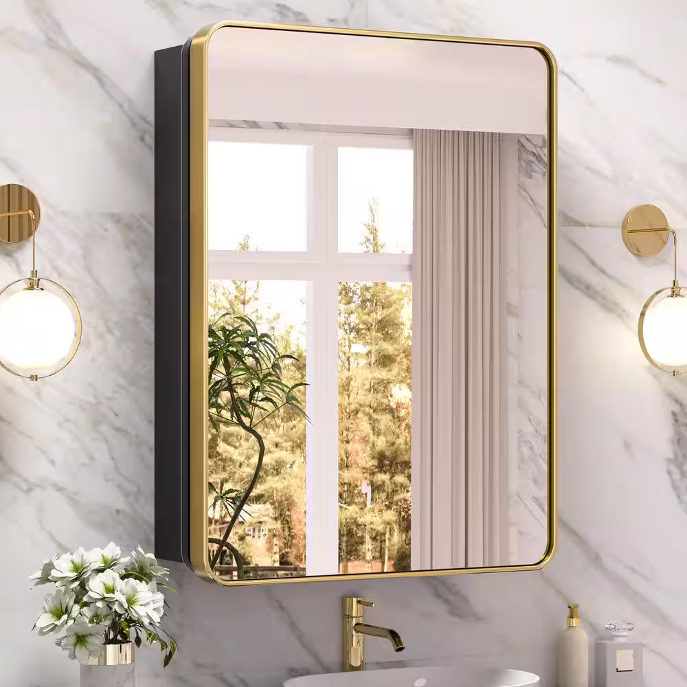 KeonJinn 24 in. W X 32 in. H Rectangular Brass Gold Stainless Steels Framed Recessed/Surface Mount Medicine Cabinet with Mirror