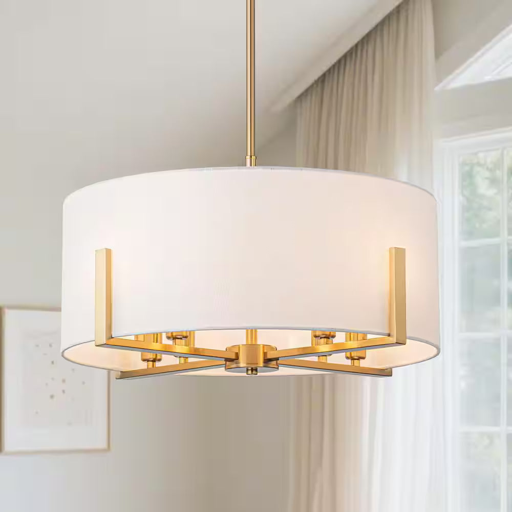 Y'INSP 8 Light Gold Modern Traditional Drum Chandelier Hanging Light for Bedroom with White Fabric Shade