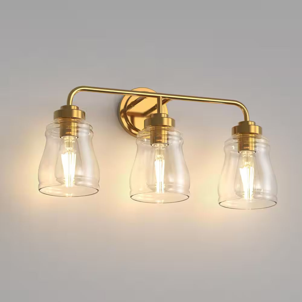 YANSUN 22 in. 3-Light Gold Vanity Lights for Mirror, Farmhouse Bathroom Vanity Lighting with Clear Glass Shades