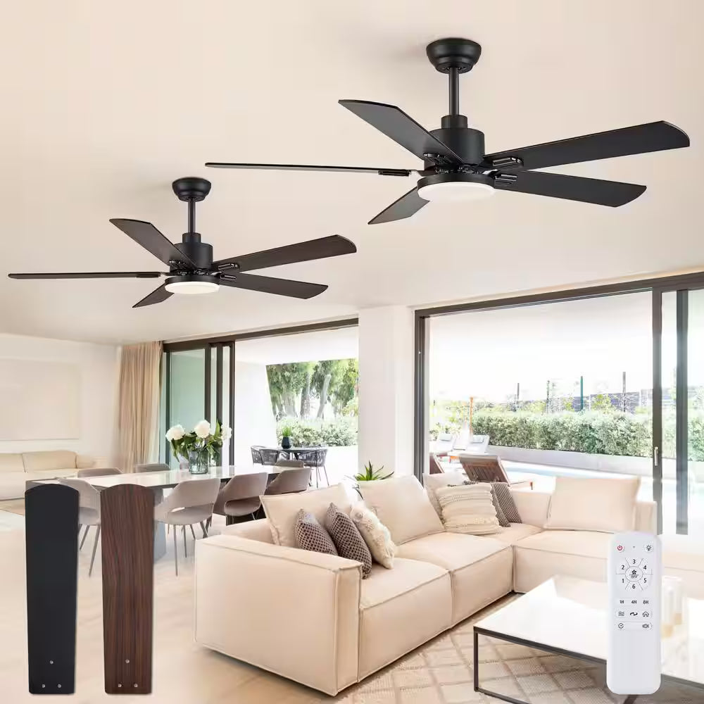 HINNIXY 2-Pack 52 in. Indoor Matte Black 3-Colors LED Ceiling Fan with Dual-Finish Blades and Light Kit and Remote control