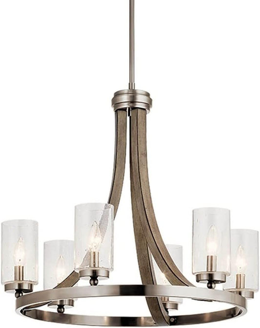 Kichler Grand Bank 22.5" 6 Light Chandelier with Clear Seeded Glass in Distressed Antique Gray Wood and Classic Pewter Metal