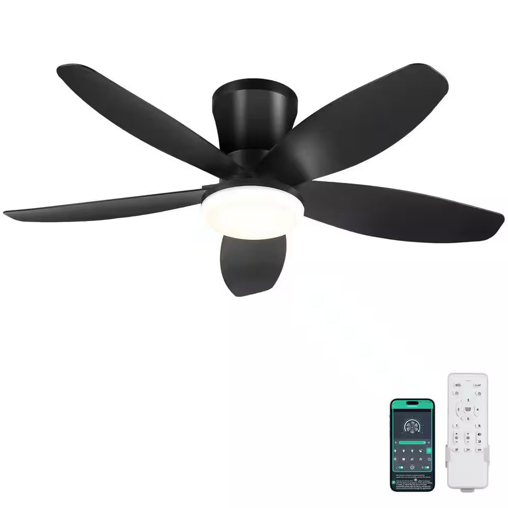 Kviflon 36 in. Indoor/Outdoor Flush Mount Black Ceiling Fan with Dimmable 3 Color LED Light and Remote/APP Control