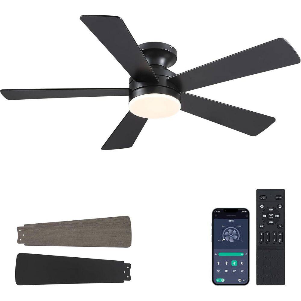 Kviflon 46 in. Indoor/Outdoor Flush Mount Black Ceiling Fan with Dimmable 3 Color LED Light and Remote/APP Control