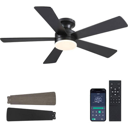 Kviflon 46 in. Indoor/Outdoor Flush Mount Black Ceiling Fan with Dimmable 3 Color LED Light and Remote/APP Control