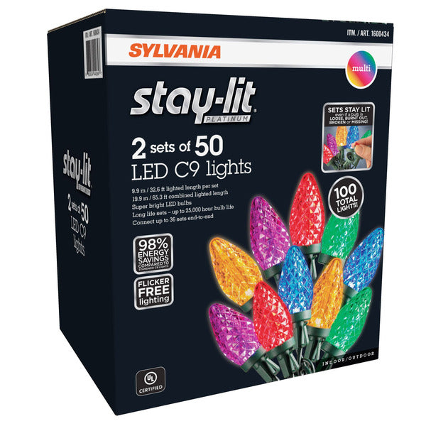 Sylvania Stay-lit C9 Multi LED Faceted Lights 2 Strings 50 Lights Per String - *Christmas & Seasonal