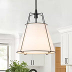 Haven Modern Farmhouse 15 in.W 4-Light Matte Black Frame Pendant Light with Beige Fabric Shade for Hallway or Kitchen