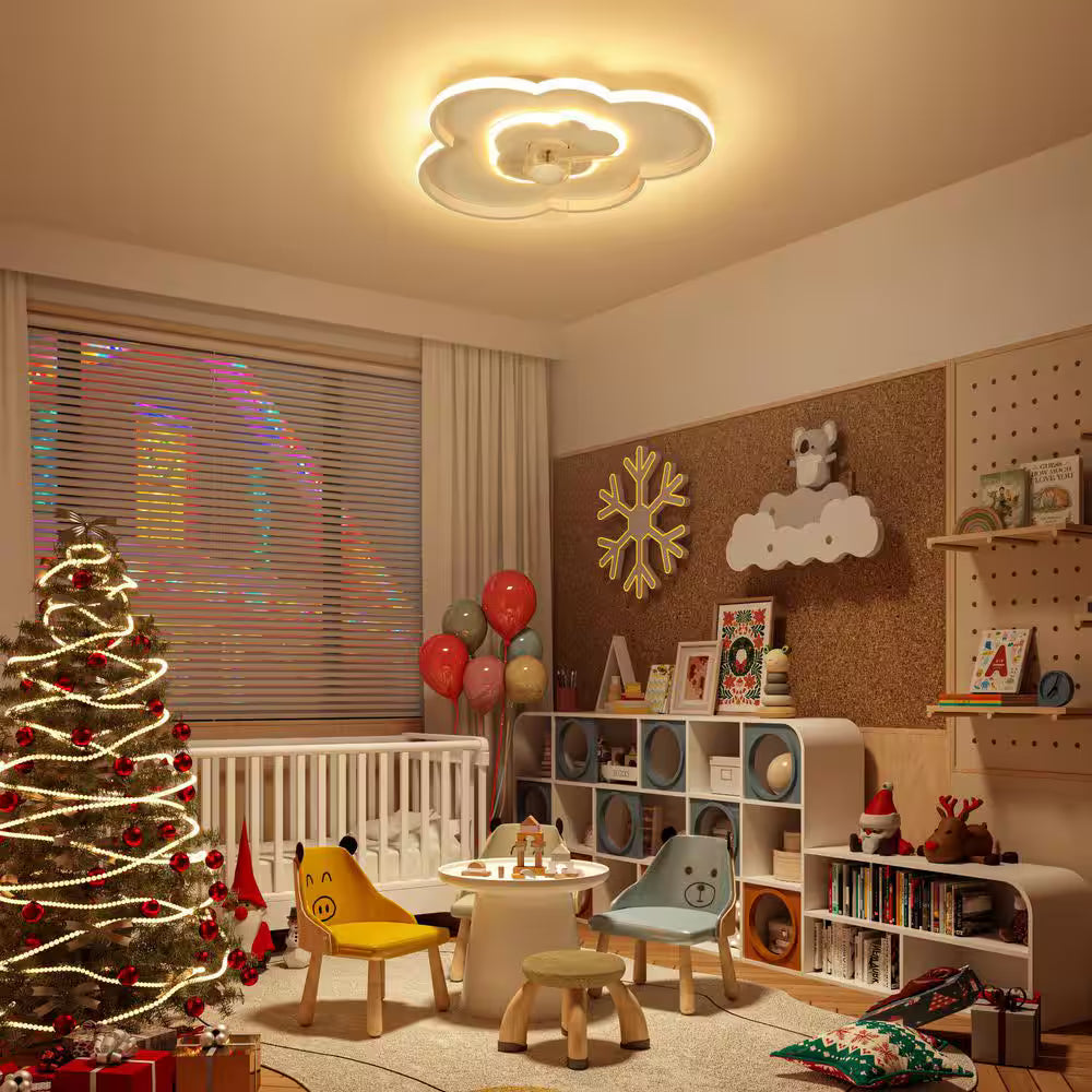 See Desc 20 in. Indoor Low Profile Integrated LED White Kids Standard Flush Mount Ceiling Fan Light with Reversible Motor Remote