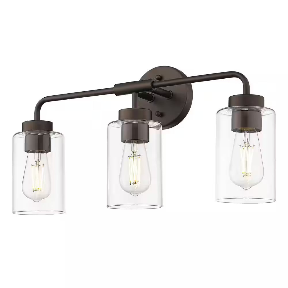 JAZAVA 21.6 in. 3 Light Oil Rubbed Bronze Vanity Light with Clear Glass Shade