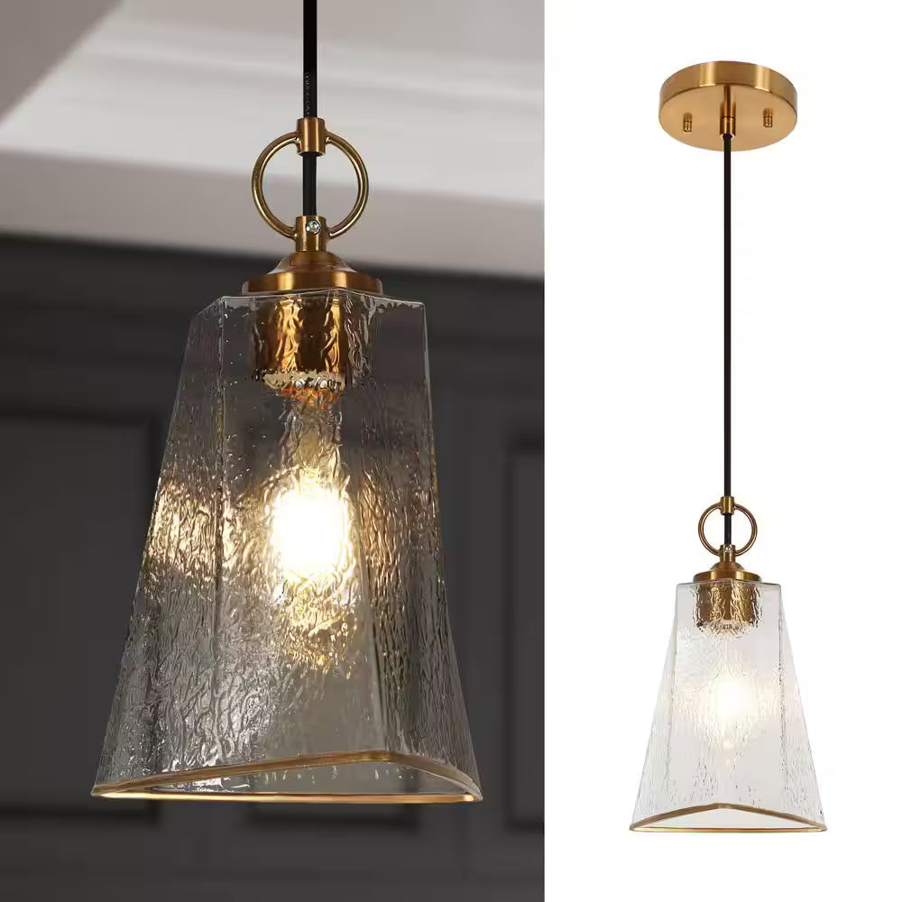 LNC Sduiaor Modern 1-Light Brass Island Pendant Lantern with Irregular Bell Clear Wavy Glass Shade for Foyer, LED Compatible