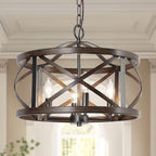 4-Light Rust Black Drum Cage Candlestick Island Chandelier with Faux Wood Accents