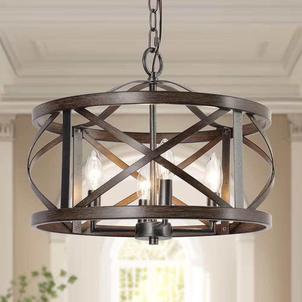 4-Light Rust Black Drum Cage Candlestick Island Chandelier with Faux Wood Accents