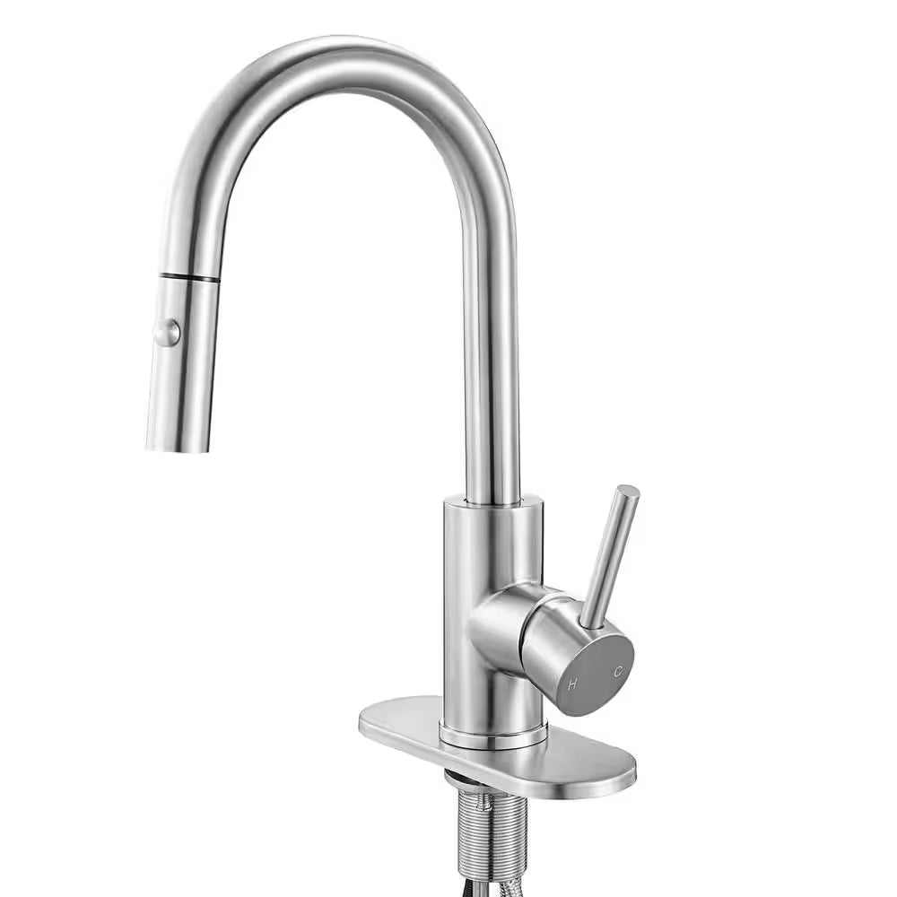 SKYSHALO Single Handle Sink Faucet, Brushed Nickel Kitchen Faucet with Pull Down Sprayer, Suitable for Bathroom, RV, Bar Sink
