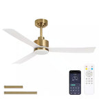 TOZING 52 in. Indoor Matte White and Gold Brushed Low Profile 3-Colors LED Flush Mount Ceiling Fan with Light Kit and Remote