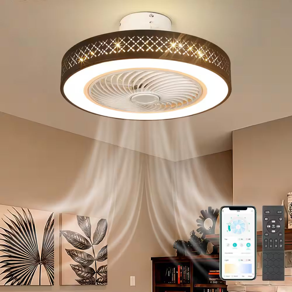 TOZING 20 in. LED Indoor Black Low Profile Modern Dimmable Caged Flush Mount Ceiling Fan with Light with Remote for Bedroom