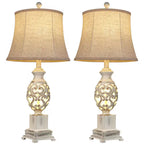 Rottogoon 28 in. Distressed White Tall Bedside Lamp with Night Light Rustic Table Lamps with Linen Shade for Living Room End Table